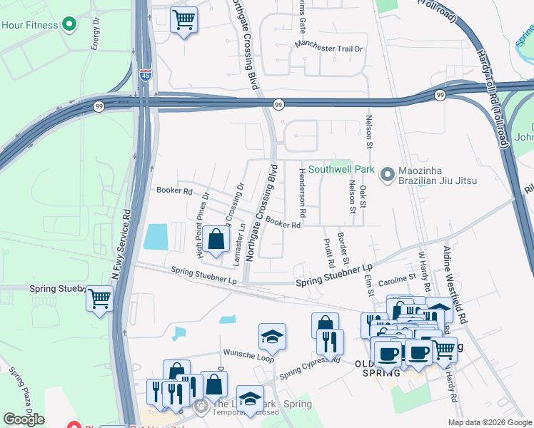 map of restaurants, bars, coffee shops, grocery stores, and more near 22502 Goss Spring Court in Spring