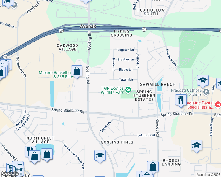 map of restaurants, bars, coffee shops, grocery stores, and more near 22207 Fields Lane in Spring