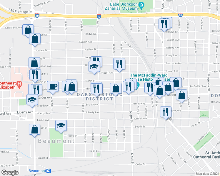 map of restaurants, bars, coffee shops, grocery stores, and more near 2228 McFaddin Avenue in Beaumont