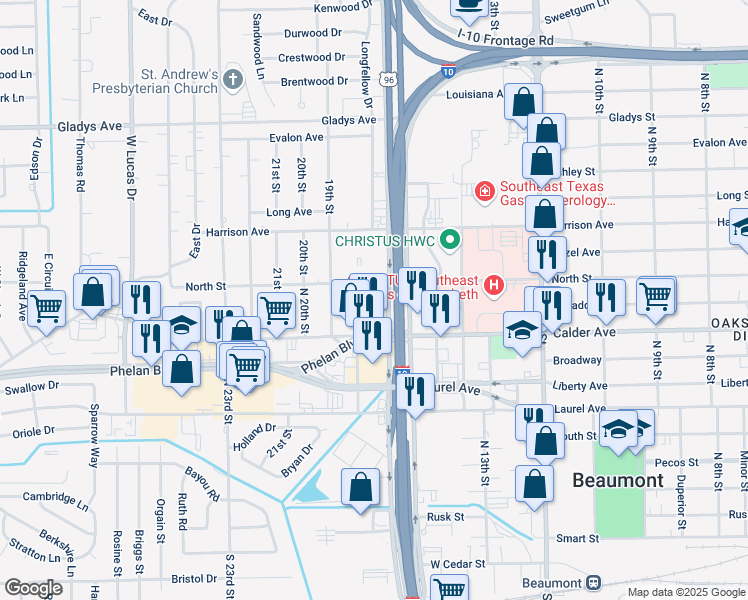 map of restaurants, bars, coffee shops, grocery stores, and more near 3302 Mcfaddin Avenue in Beaumont