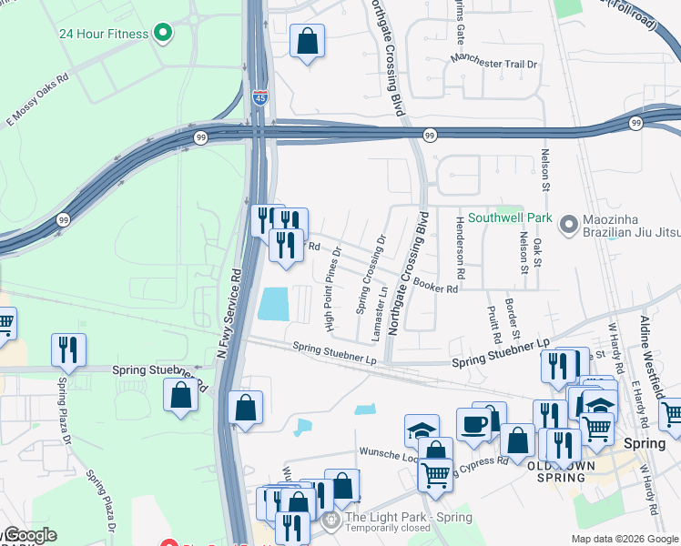 map of restaurants, bars, coffee shops, grocery stores, and more near 1027 Spring Heights Drive in Spring