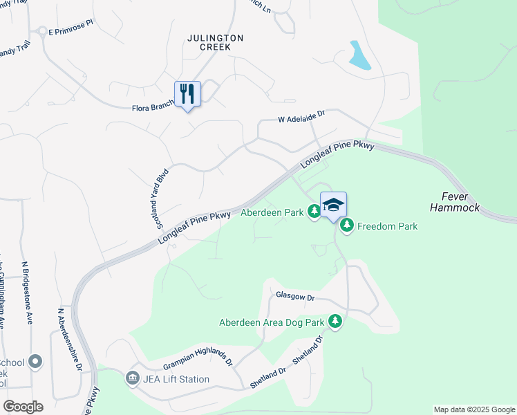 map of restaurants, bars, coffee shops, grocery stores, and more near 208 Larkin Place in Saint Johns
