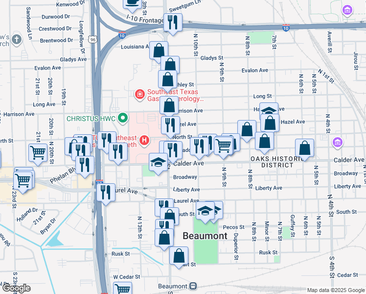 map of restaurants, bars, coffee shops, grocery stores, and more near 2636 Mcfaddin Avenue in Beaumont