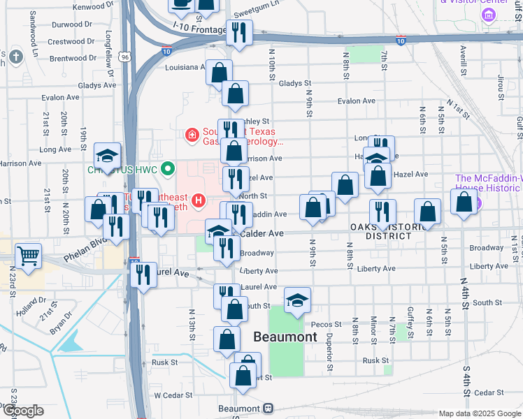 map of restaurants, bars, coffee shops, grocery stores, and more near 2636 Mcfaddin Avenue in Beaumont