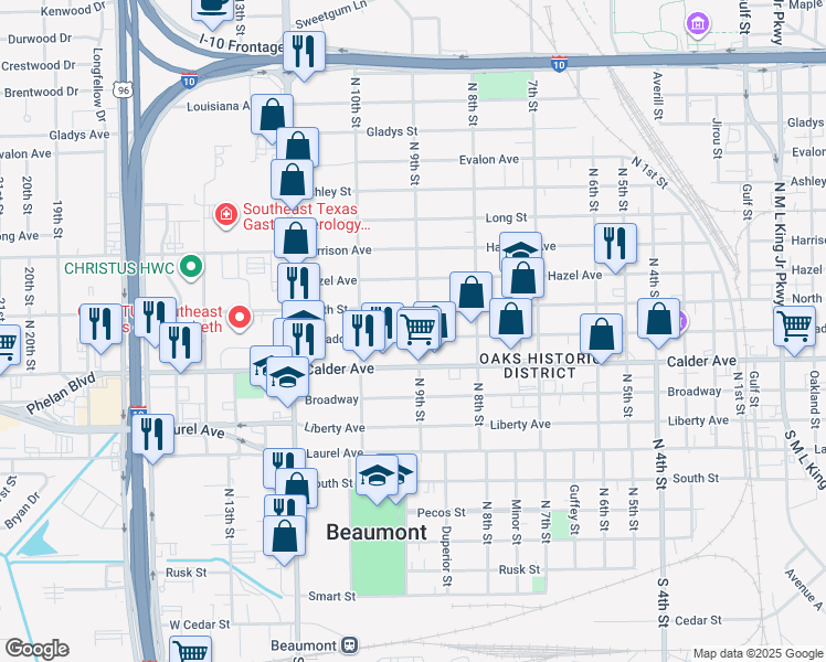 map of restaurants, bars, coffee shops, grocery stores, and more near 2508 Mcfaddin Avenue in Beaumont