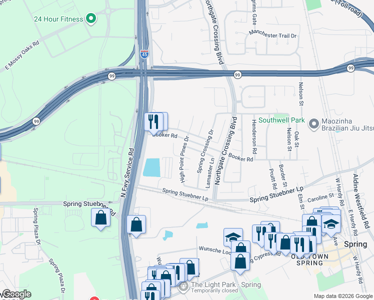 map of restaurants, bars, coffee shops, grocery stores, and more near 1027 Spring Heights Drive in Spring