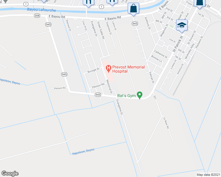 map of restaurants, bars, coffee shops, grocery stores, and more near 419 Memorial Drive in Donaldsonville