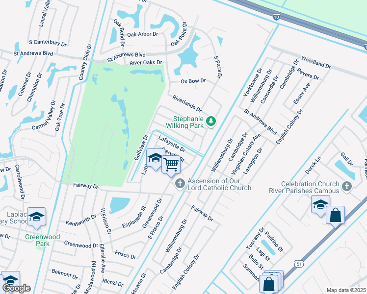 map of restaurants, bars, coffee shops, grocery stores, and more near 736 Lafayette Drive in LaPlace