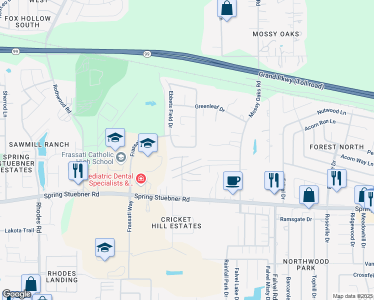 map of restaurants, bars, coffee shops, grocery stores, and more near 4423 Crosley Field Drive in Spring