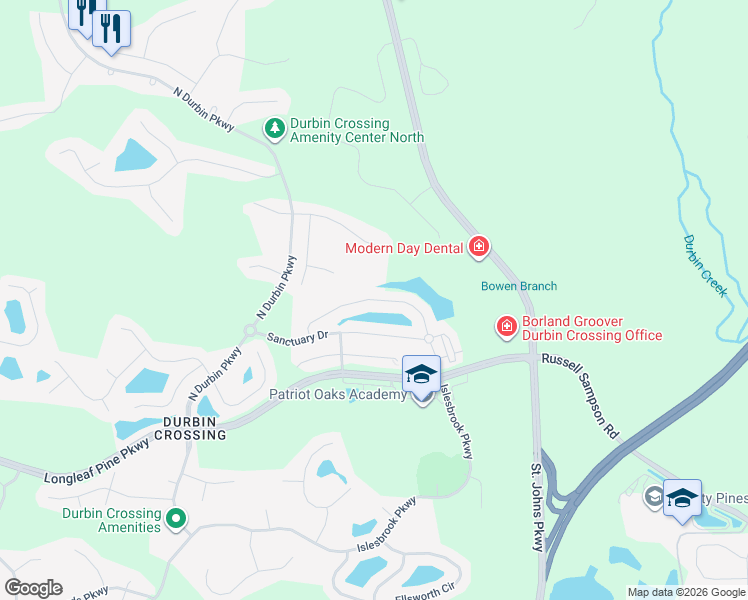 map of restaurants, bars, coffee shops, grocery stores, and more near Heron Landing Road in Saint Johns