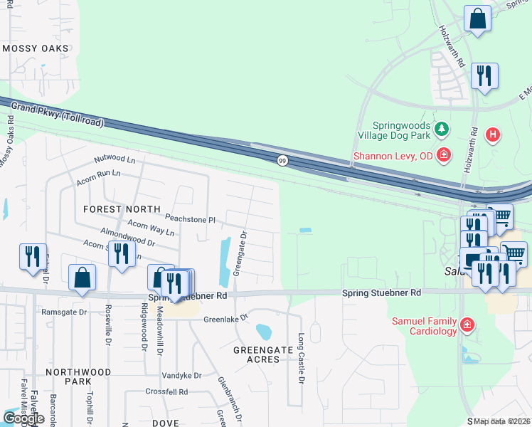 map of restaurants, bars, coffee shops, grocery stores, and more near 3010 Ribbon Creek Way in Spring