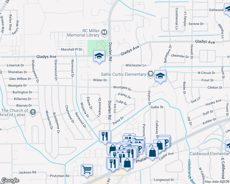 map of restaurants, bars, coffee shops, grocery stores, and more near 6320 Pansy Drive in Beaumont