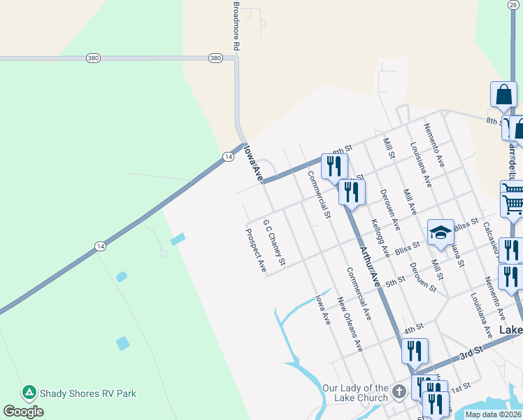map of restaurants, bars, coffee shops, grocery stores, and more near 101 7th Street in Lake Arthur