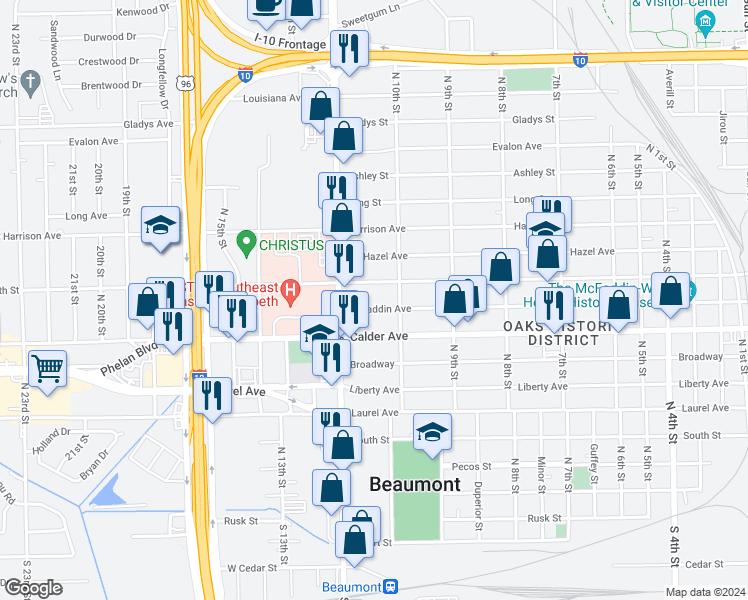 map of restaurants, bars, coffee shops, grocery stores, and more near 2650 Mcfaddin Avenue in Beaumont