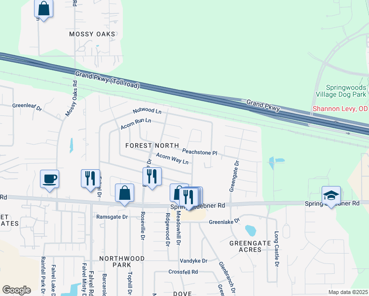 map of restaurants, bars, coffee shops, grocery stores, and more near 22303 Berry Cresent Drive in Spring