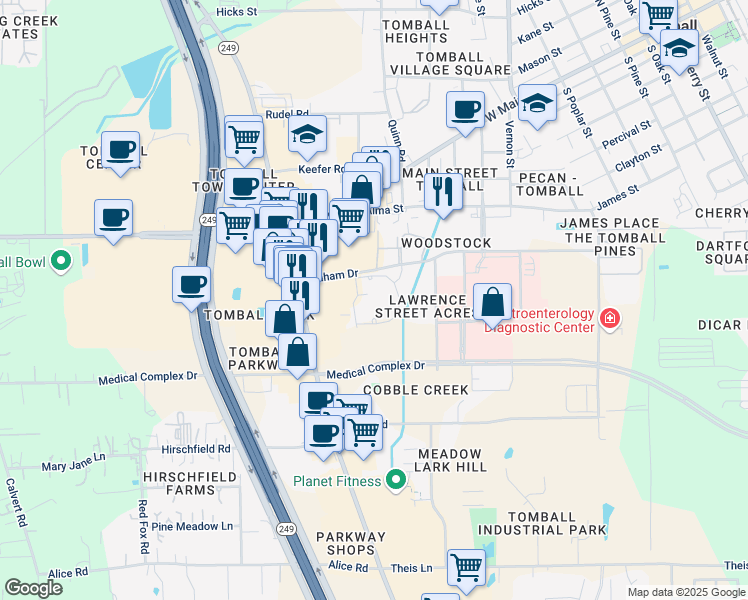 map of restaurants, bars, coffee shops, grocery stores, and more near 1221 Graham Drive in Tomball