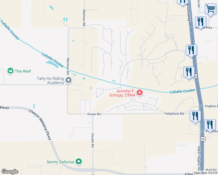 map of restaurants, bars, coffee shops, grocery stores, and more near 108 Mission Hills Drive in Broussard