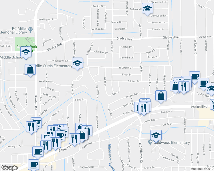 map of restaurants, bars, coffee shops, grocery stores, and more near 670 Wade Street in Beaumont