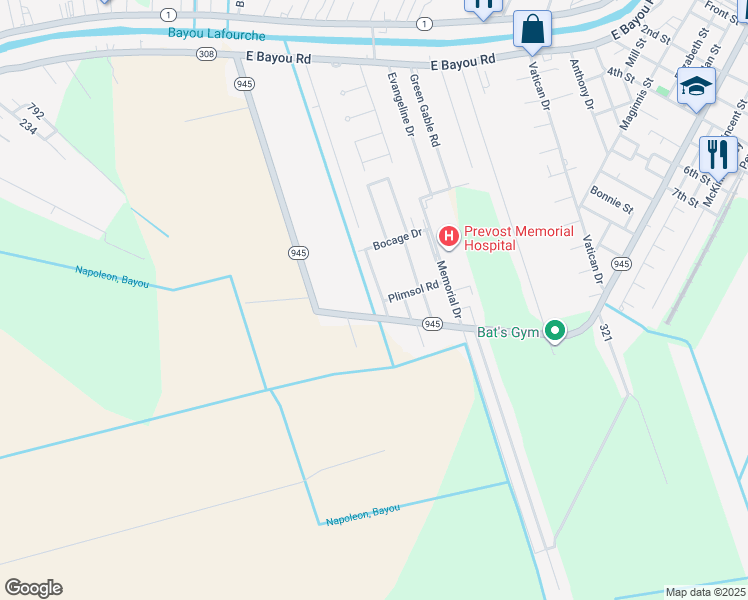 map of restaurants, bars, coffee shops, grocery stores, and more near 104 Oak Ridge Avenue in Donaldsonville