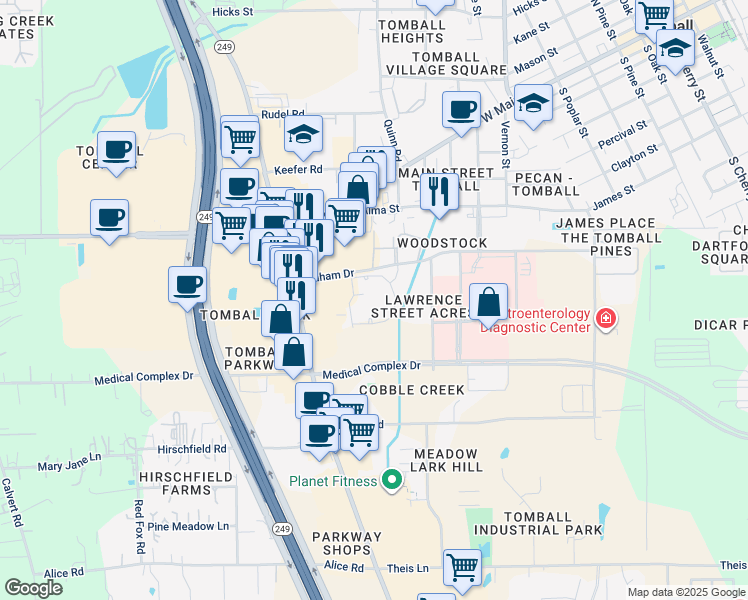 map of restaurants, bars, coffee shops, grocery stores, and more near 1221 Graham Drive in Tomball