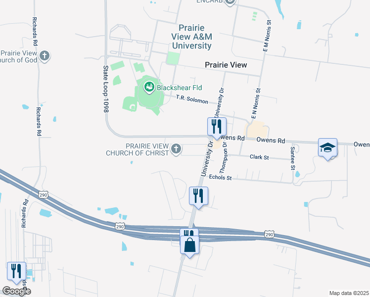 map of restaurants, bars, coffee shops, grocery stores, and more near 107 Dooley Street in Prairie View
