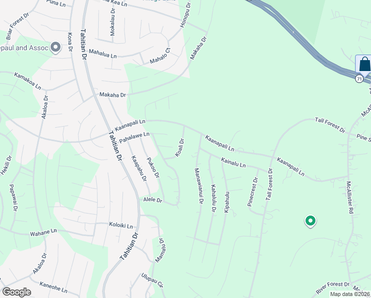 map of restaurants, bars, coffee shops, grocery stores, and more near 123 Koali Dr in Bastrop