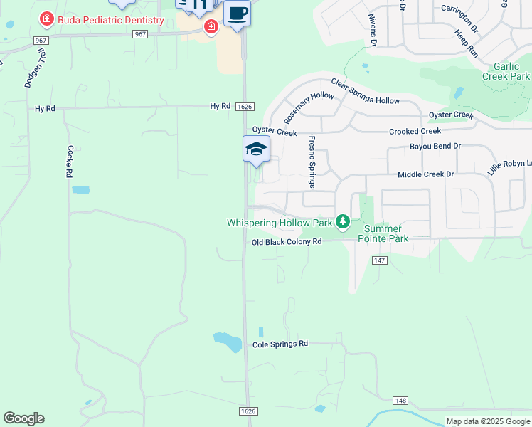 map of restaurants, bars, coffee shops, grocery stores, and more near 109 Lost Ridge Way in Buda