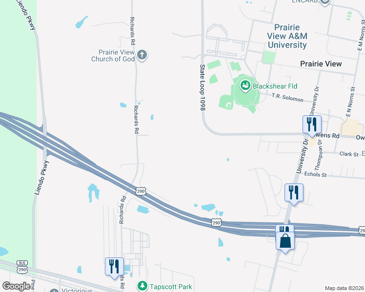 map of restaurants, bars, coffee shops, grocery stores, and more near 45110 Frontage Road in Hempstead
