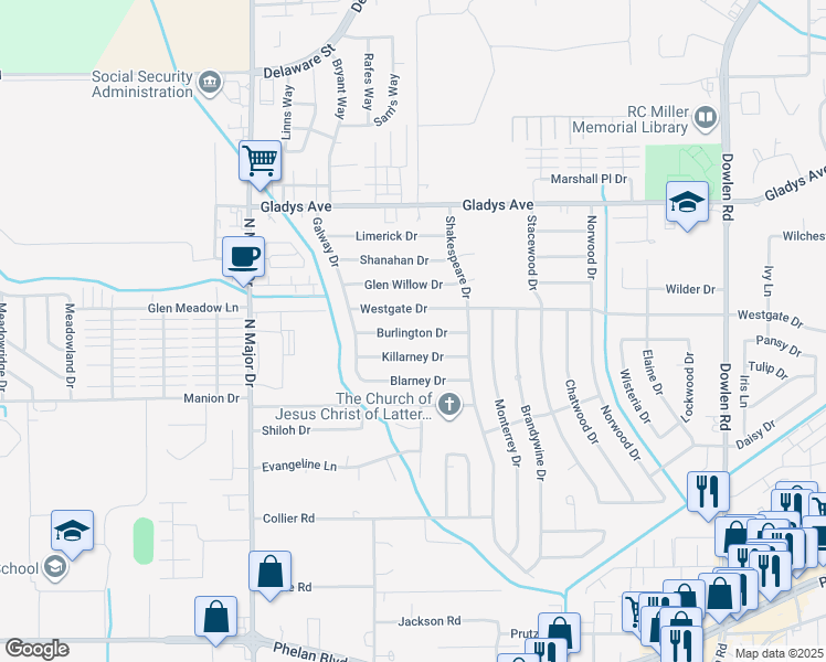 map of restaurants, bars, coffee shops, grocery stores, and more near 6988 Burlington Drive in Beaumont