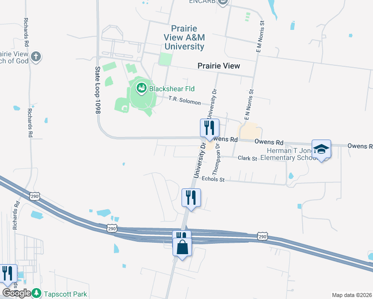 map of restaurants, bars, coffee shops, grocery stores, and more near 107 Dooley Street in Prairie View