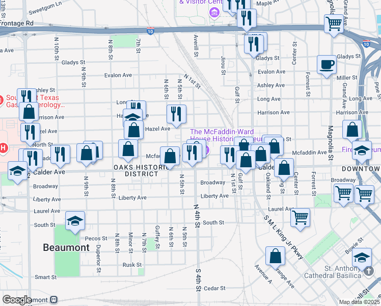 map of restaurants, bars, coffee shops, grocery stores, and more near 2000 Mcfaddin Avenue in Beaumont