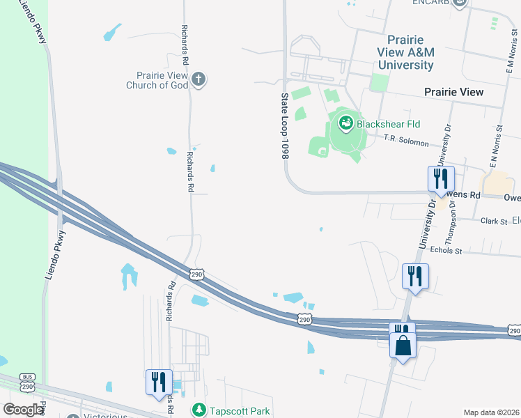 map of restaurants, bars, coffee shops, grocery stores, and more near 45110 Frontage Road in Prairie View