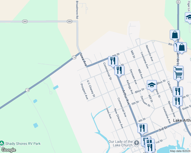 map of restaurants, bars, coffee shops, grocery stores, and more near 101 7th St in Lake Arthur