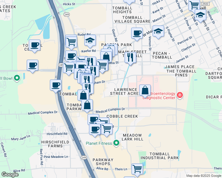 map of restaurants, bars, coffee shops, grocery stores, and more near 1221 Graham Drive in Tomball