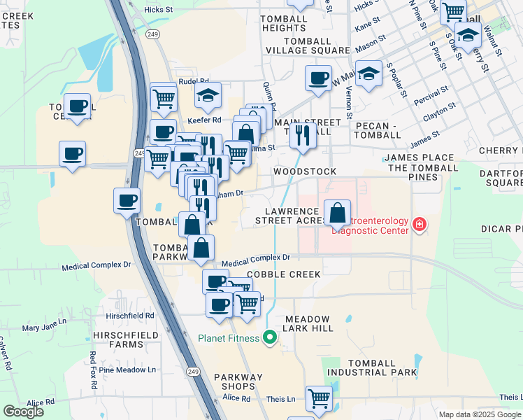 map of restaurants, bars, coffee shops, grocery stores, and more near 1221 Graham Drive in Tomball