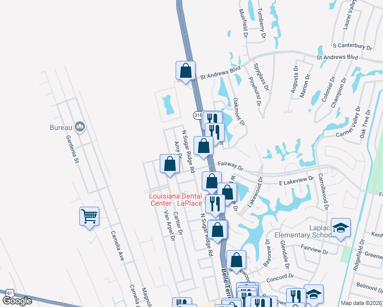 map of restaurants, bars, coffee shops, grocery stores, and more near 555 Belle Terre Boulevard in LaPlace