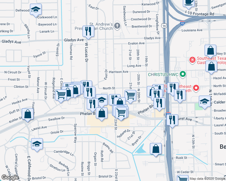 map of restaurants, bars, coffee shops, grocery stores, and more near 680 North 23rd Street in Beaumont