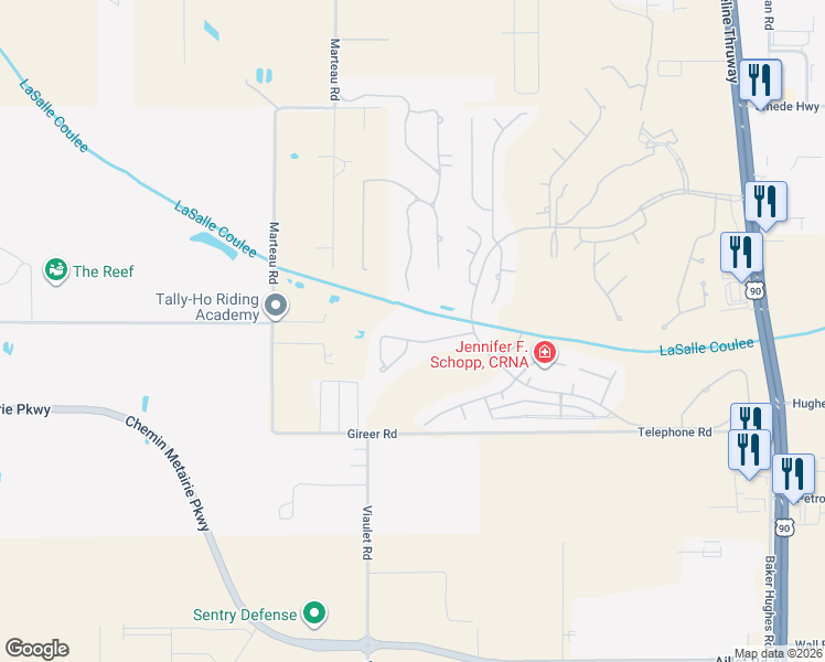 map of restaurants, bars, coffee shops, grocery stores, and more near 108 Mission Hills Drive in Broussard