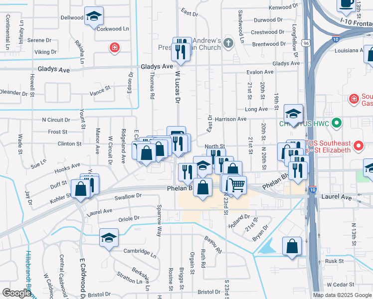 map of restaurants, bars, coffee shops, grocery stores, and more near 650 West Lucas Drive in Beaumont