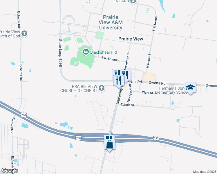 map of restaurants, bars, coffee shops, grocery stores, and more near 107 Dooley Street in Prairie View