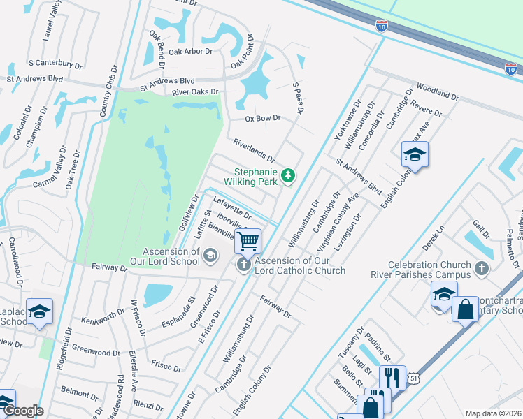 map of restaurants, bars, coffee shops, grocery stores, and more near 756 Lemoyne Drive in LaPlace