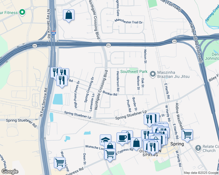 map of restaurants, bars, coffee shops, grocery stores, and more near 702 Pine Thicket Ct in Spring