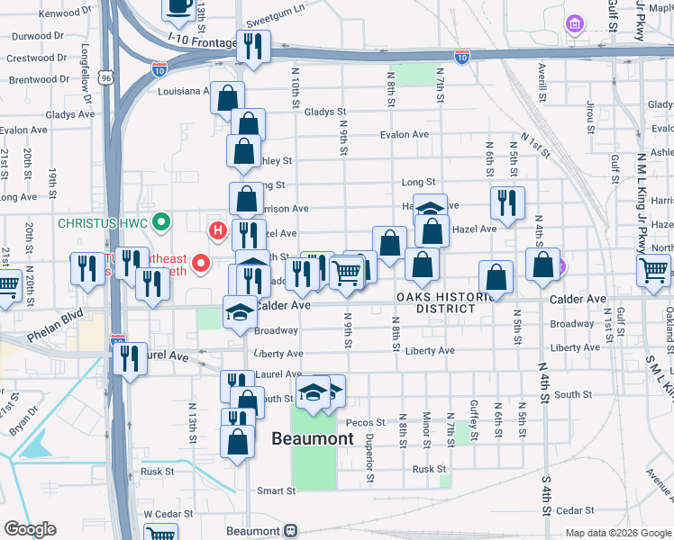 map of restaurants, bars, coffee shops, grocery stores, and more near in Beaumont
