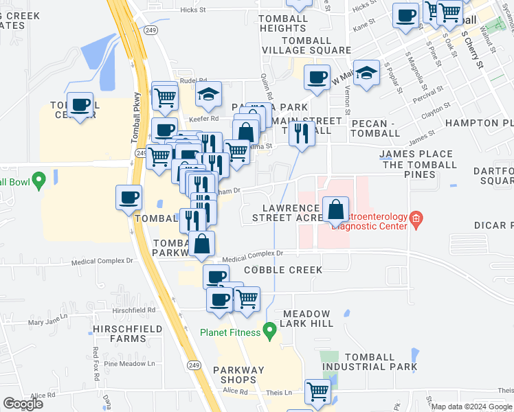 map of restaurants, bars, coffee shops, grocery stores, and more near 1221 Graham Drive in Tomball