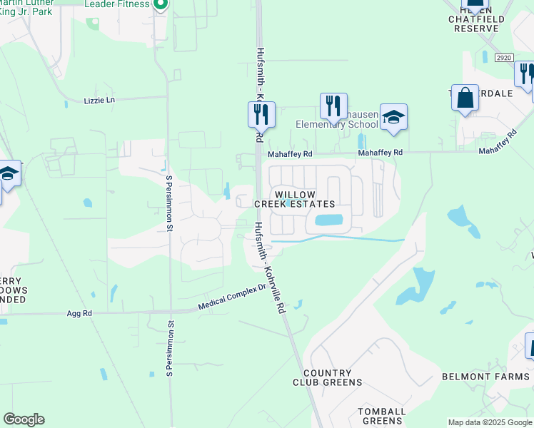 map of restaurants, bars, coffee shops, grocery stores, and more near 22223 Boulder Springs Lane in Tomball