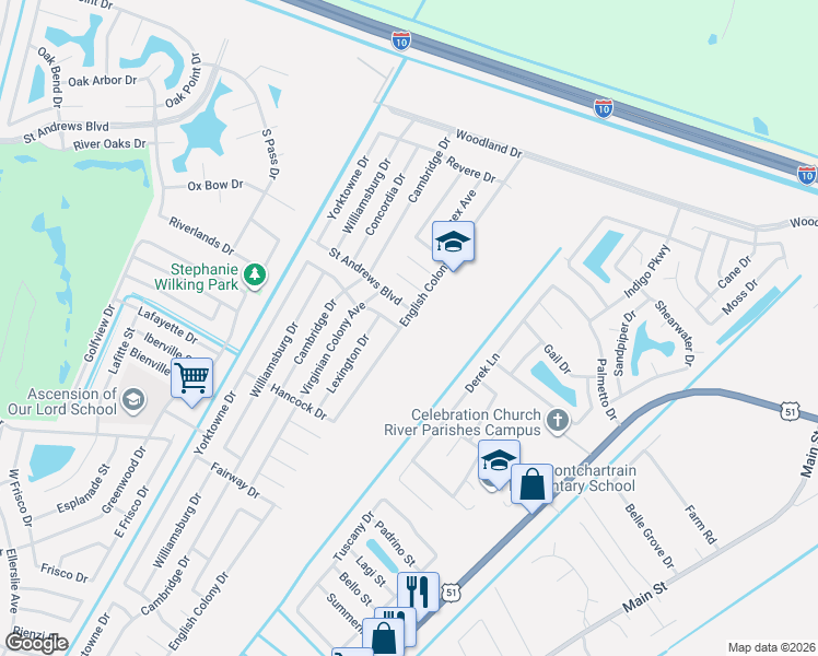 map of restaurants, bars, coffee shops, grocery stores, and more near 2648 English Colony Drive in LaPlace