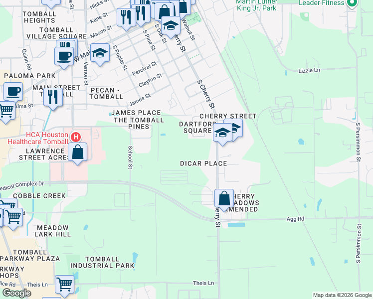map of restaurants, bars, coffee shops, grocery stores, and more near 1200 South Cherry Street in Tomball