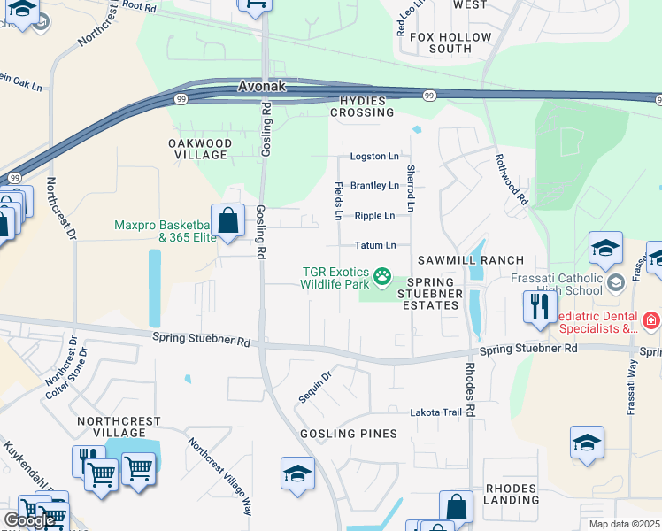 map of restaurants, bars, coffee shops, grocery stores, and more near 22207 Fields Lane in Spring