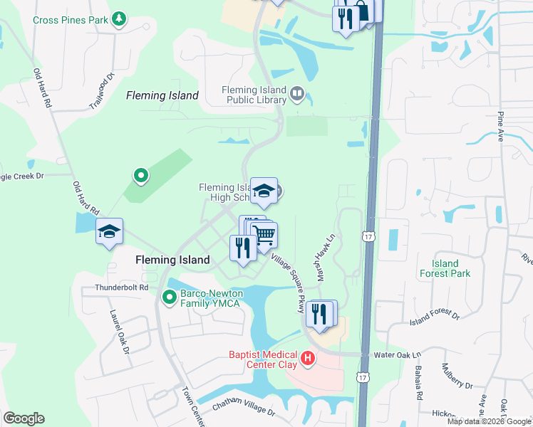 map of restaurants, bars, coffee shops, grocery stores, and more near 2233 Village Square Parkway in Orange Park
