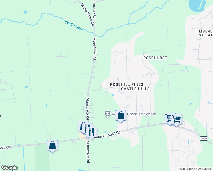map of restaurants, bars, coffee shops, grocery stores, and more near 22414 Mueschke Road in Tomball